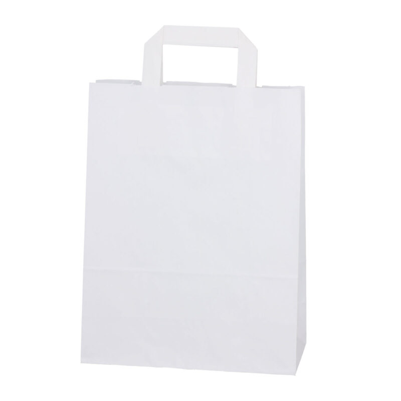 Пакет из крафт-бумаги белого цвета с плоской ручкой.