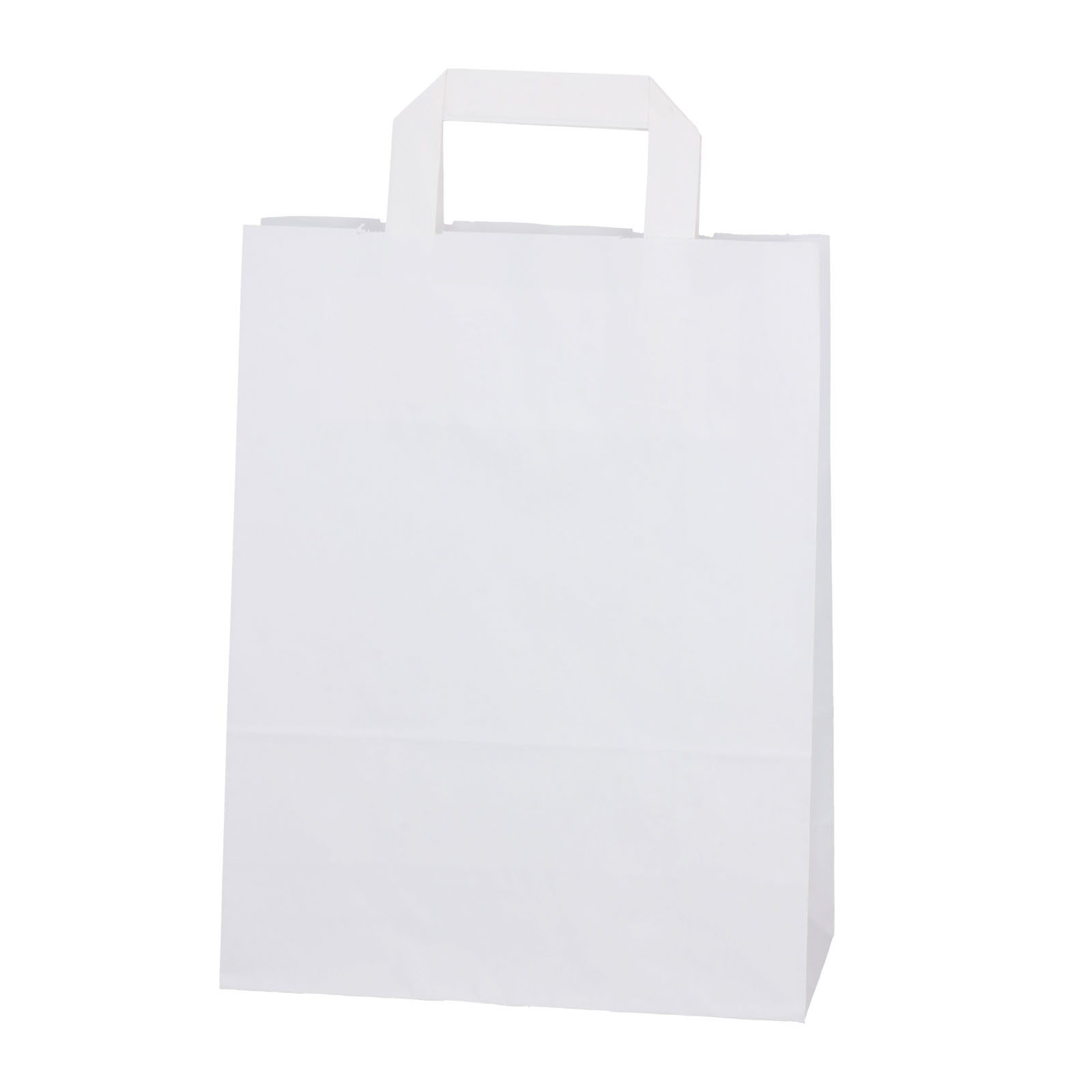 Пакет из крафт-бумаги белого цвета с плоской ручкой.