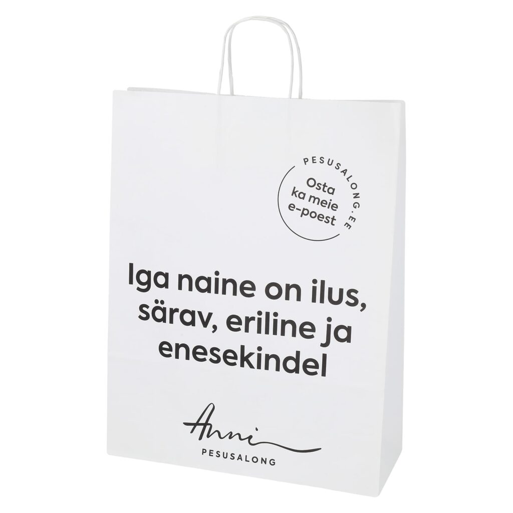 Paberkott keerutatud pabernöör sangadega, valge, 32x12x41 cm