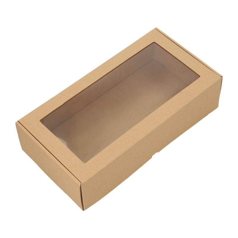 Plastic gift box with window for packaging 2 wines, 83x165x320 mm, brown corrugated cardboard