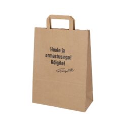 Paper bag with flat handles with logo print, brown kraft paper