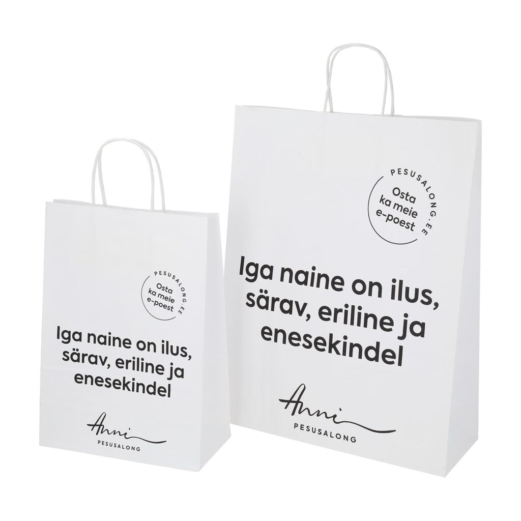 Paberkotid keerutatud pabernöör sangadega, valged