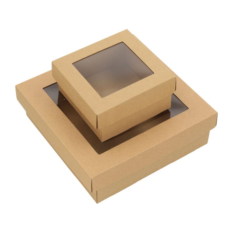 Boxes with window made from brown corrugated cardboard