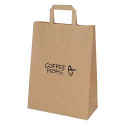 Paper bag with flat handles with logo print, brown kraft paper