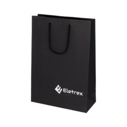 Black paper bag with white logo, size 23x10x33 cm