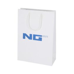 White paper bag with logo, size 23x10x33 cm
