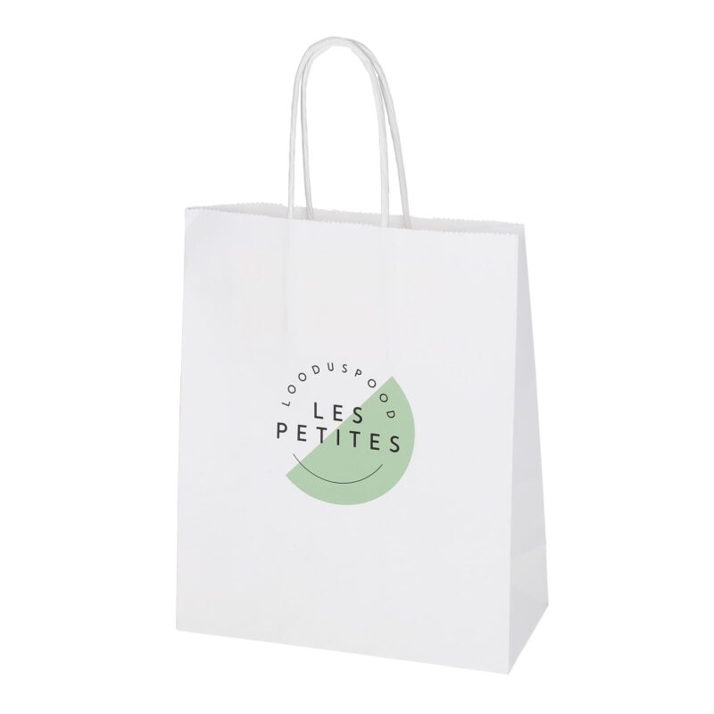 White paper bag with twisted papercord handles with custom logo print