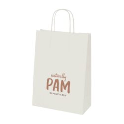 Paper bag with paper string handles with logo print, white kraft paper