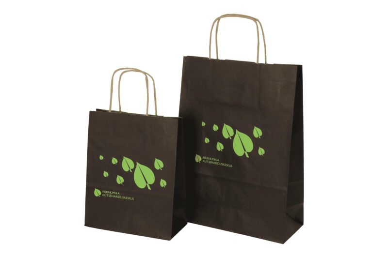 Paper bags with paper string handles with logo print, black kraft paper