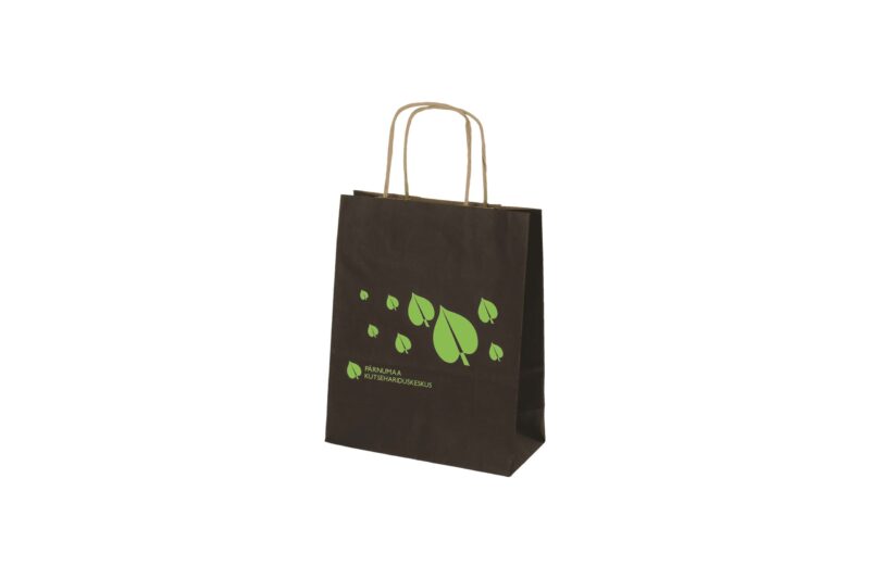 Paper bag with paper string handles with logo print, black kraft paper