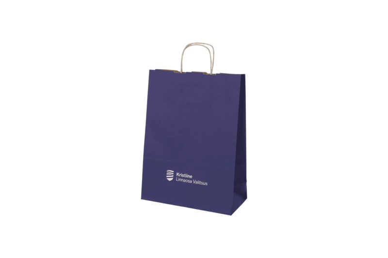 Paper bag with logo print, blue kraft paper