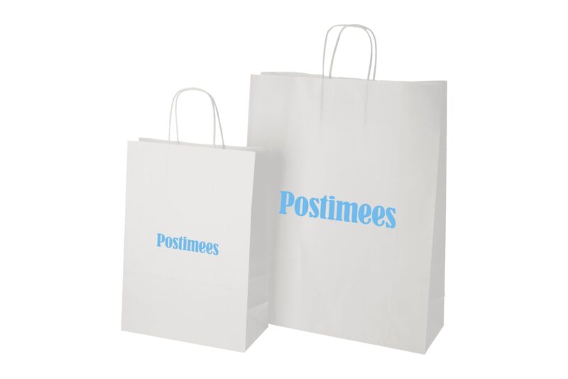 Paper bags with paper string handles with logo print, white kraft paper