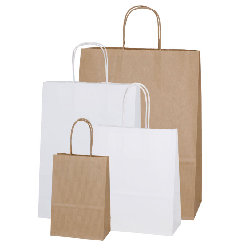 Paper bags made of kraft paper, papercord handles, different sizes