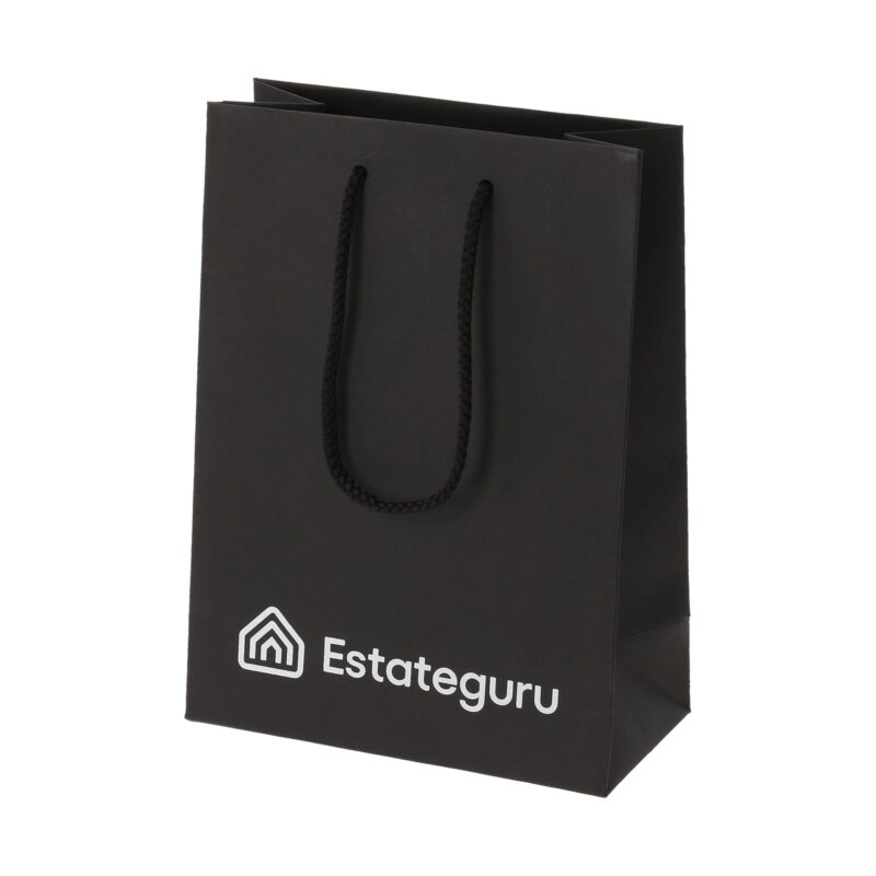 Black gift bag, 16x8x22 cm, with white print