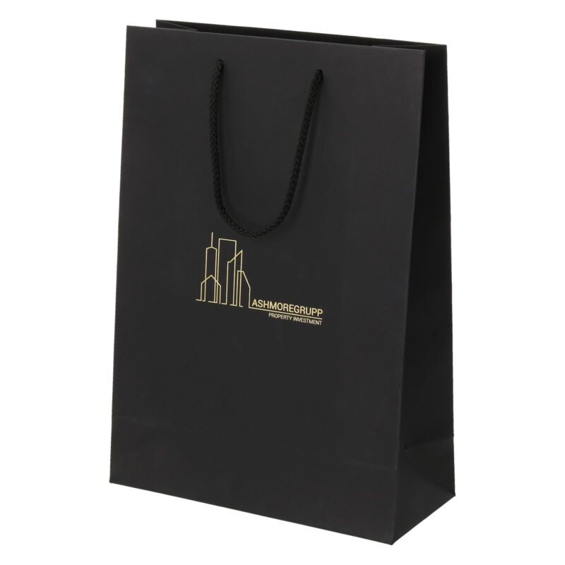 Подарочный пакет черный, 23x10x33 см, фирменная печать, отделка золотой глянцевой фольгой