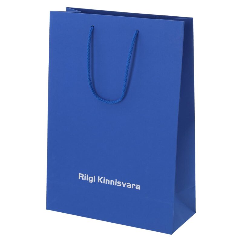 Бумажний пакет синего цвета с напечатанным логотипом
