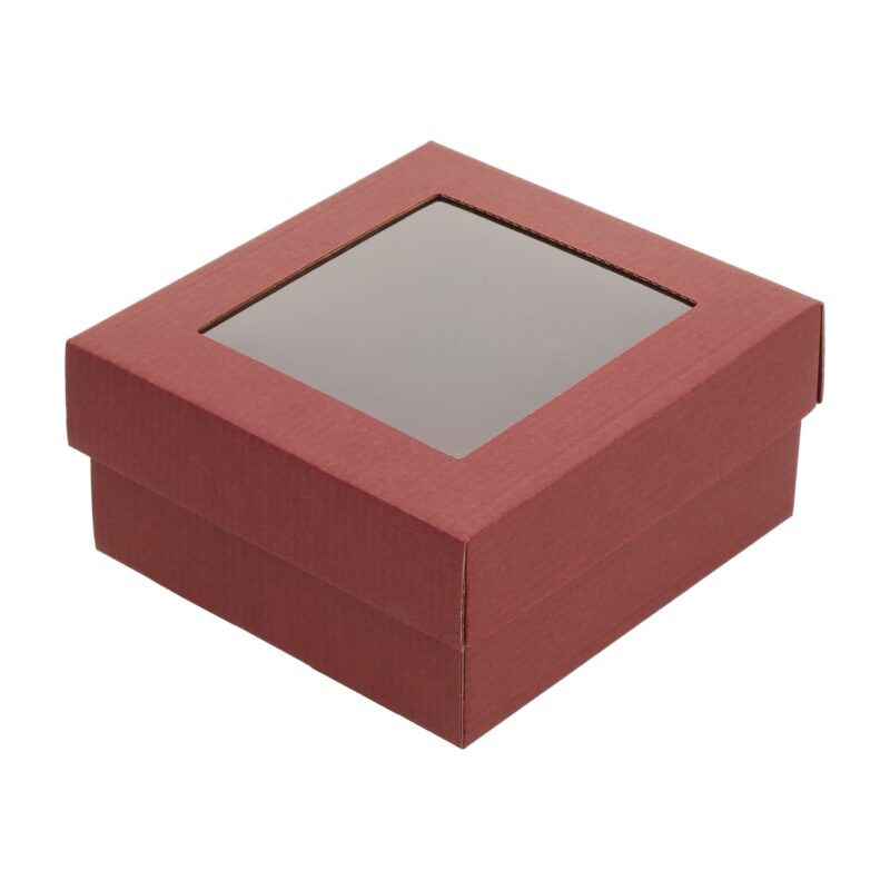 Бордового цвета коробка с пластик окном, гофрированный картон