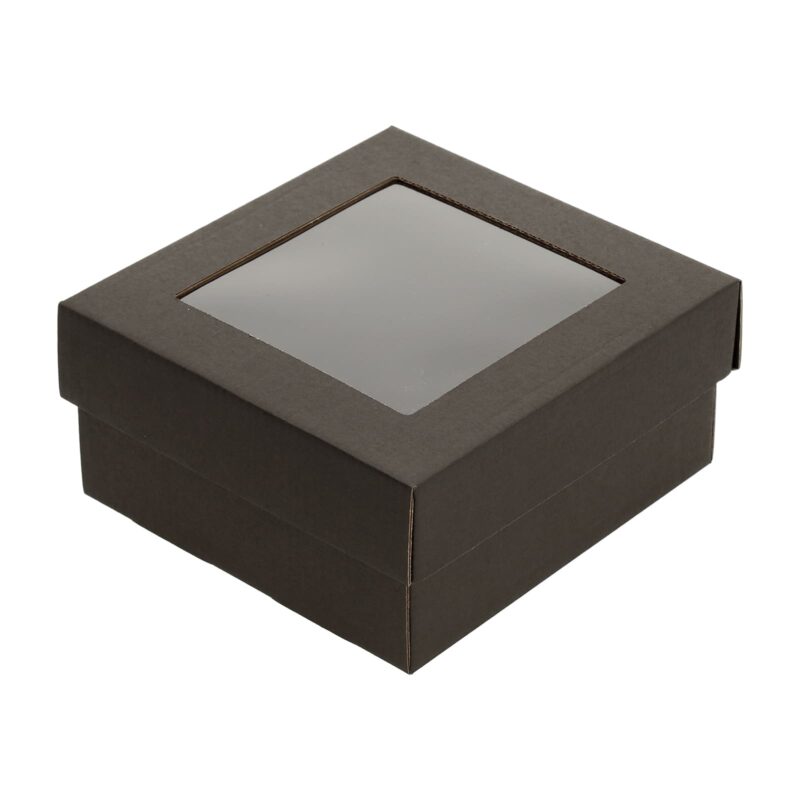Чёрного цвета коробка с пластик окном, гофрированный картон