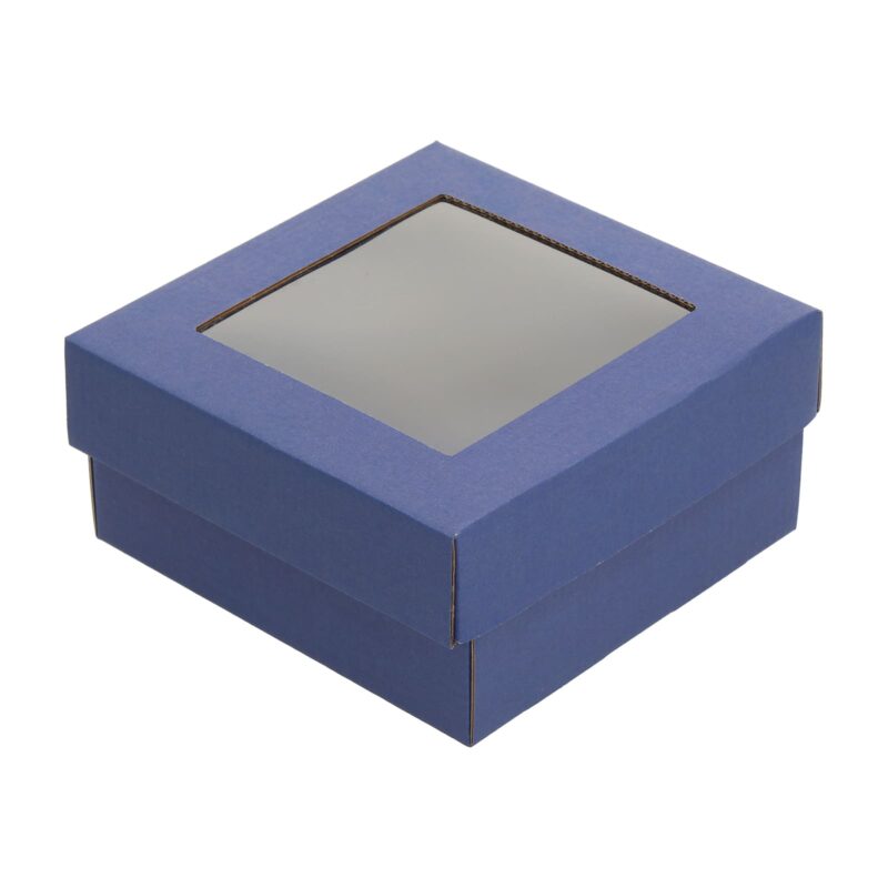 Синего цвета коробка с пластик окном, гофрированный картон