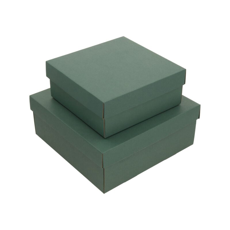 Boxes with green lids, corrugated cardboard